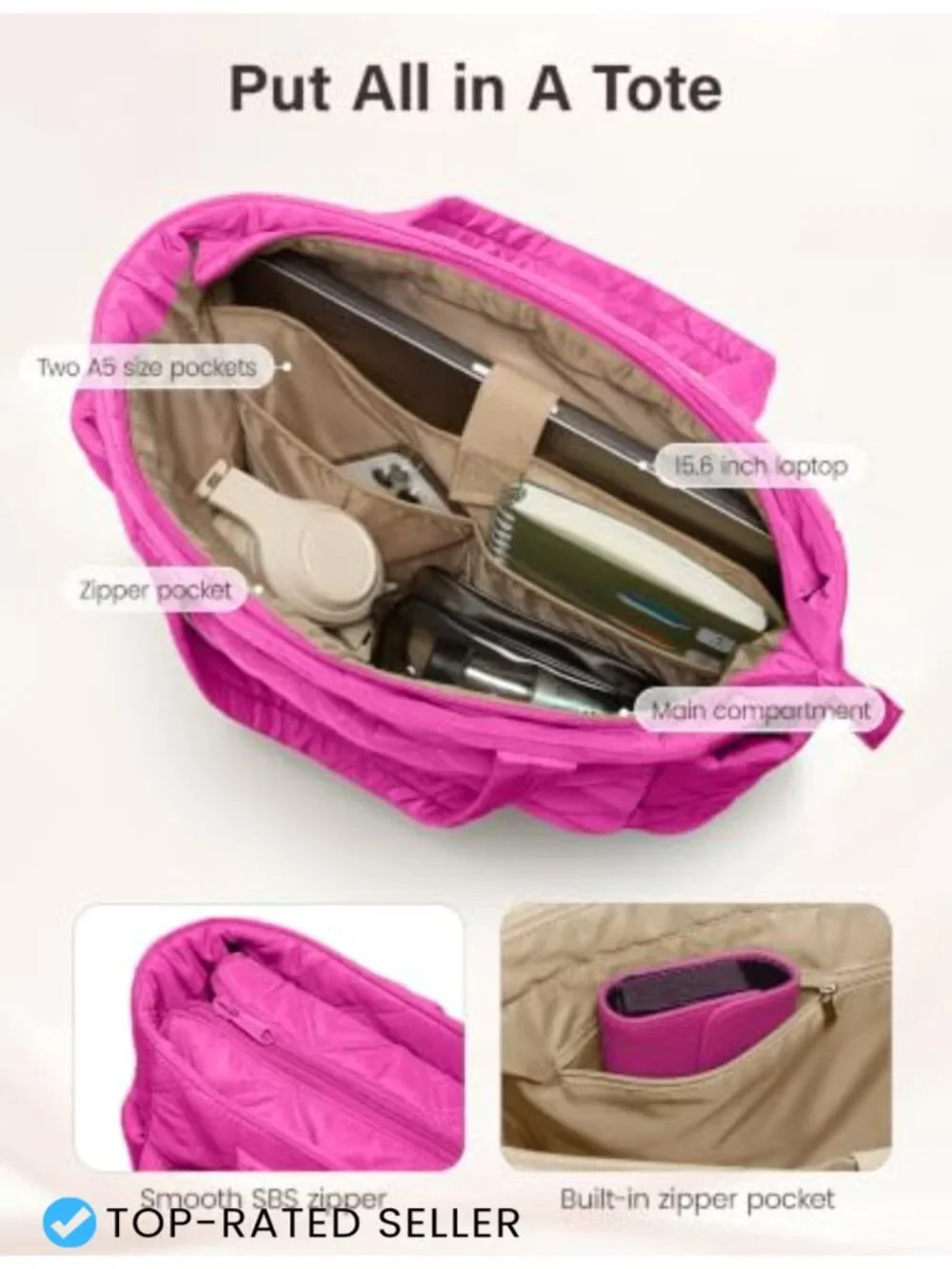 Lightweight Puffer Tote Bag with 8 Pockets, Quilted Shoulder Bag for Work Travel